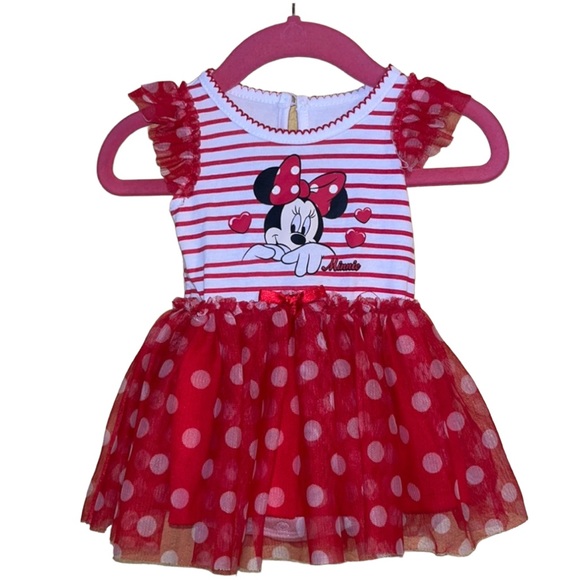 Disney Minnie Mouse Onesie Dress polka dot Red Black Size 0-3 Months - Picture 1 of 9
